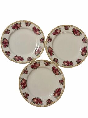 Set of 3 Vintage Rose-Pattern Dinner Plates. White w/ Pink Floral & Gold Border.